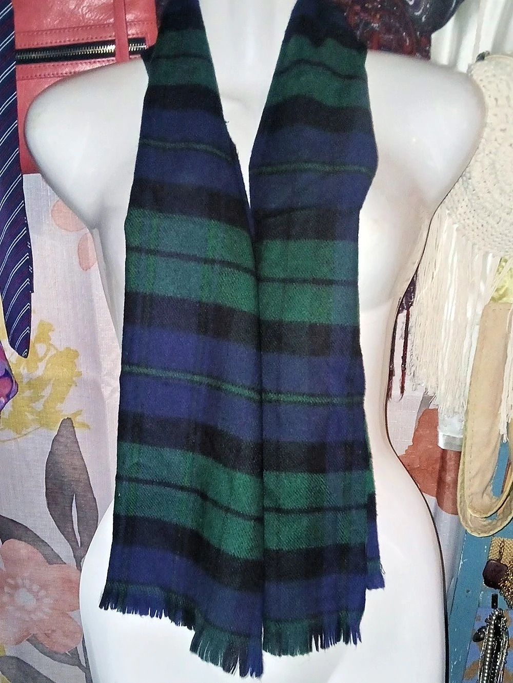 Vintage Australian Wool Tartan Scarf in Blue & Green